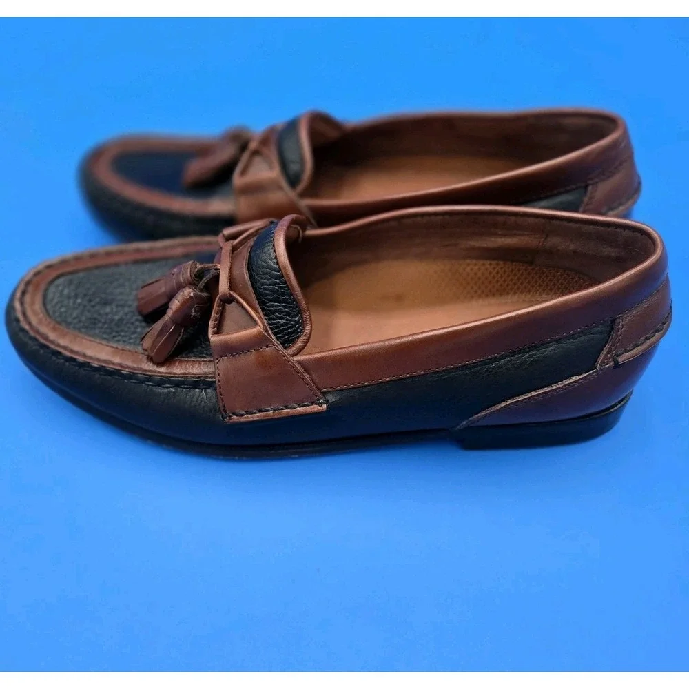 Florsheim Men Loafers Tassel Sz 10.D Leather Black Pebble-Grain Brown Trim Shoes